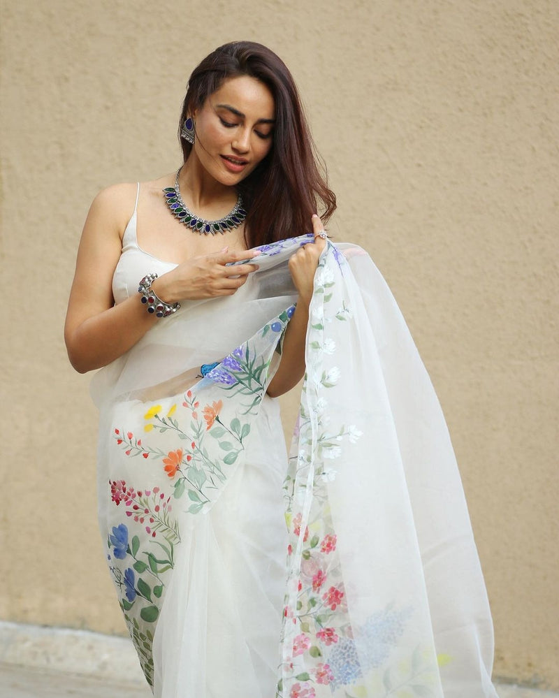 Ivory Hand painted Organza Saree