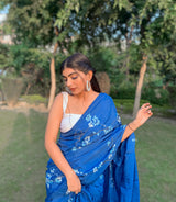 Navy Blue Handpainted Silk Saree