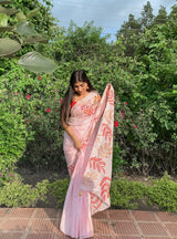 Pink Handpainted Silk Saree