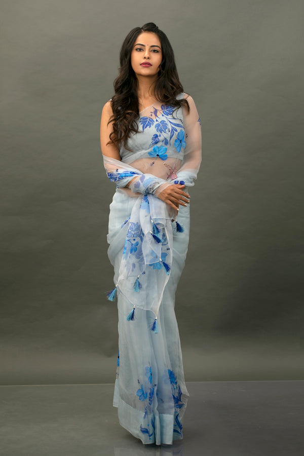 Avika Gor in Powder Blue Hand Painted Saree