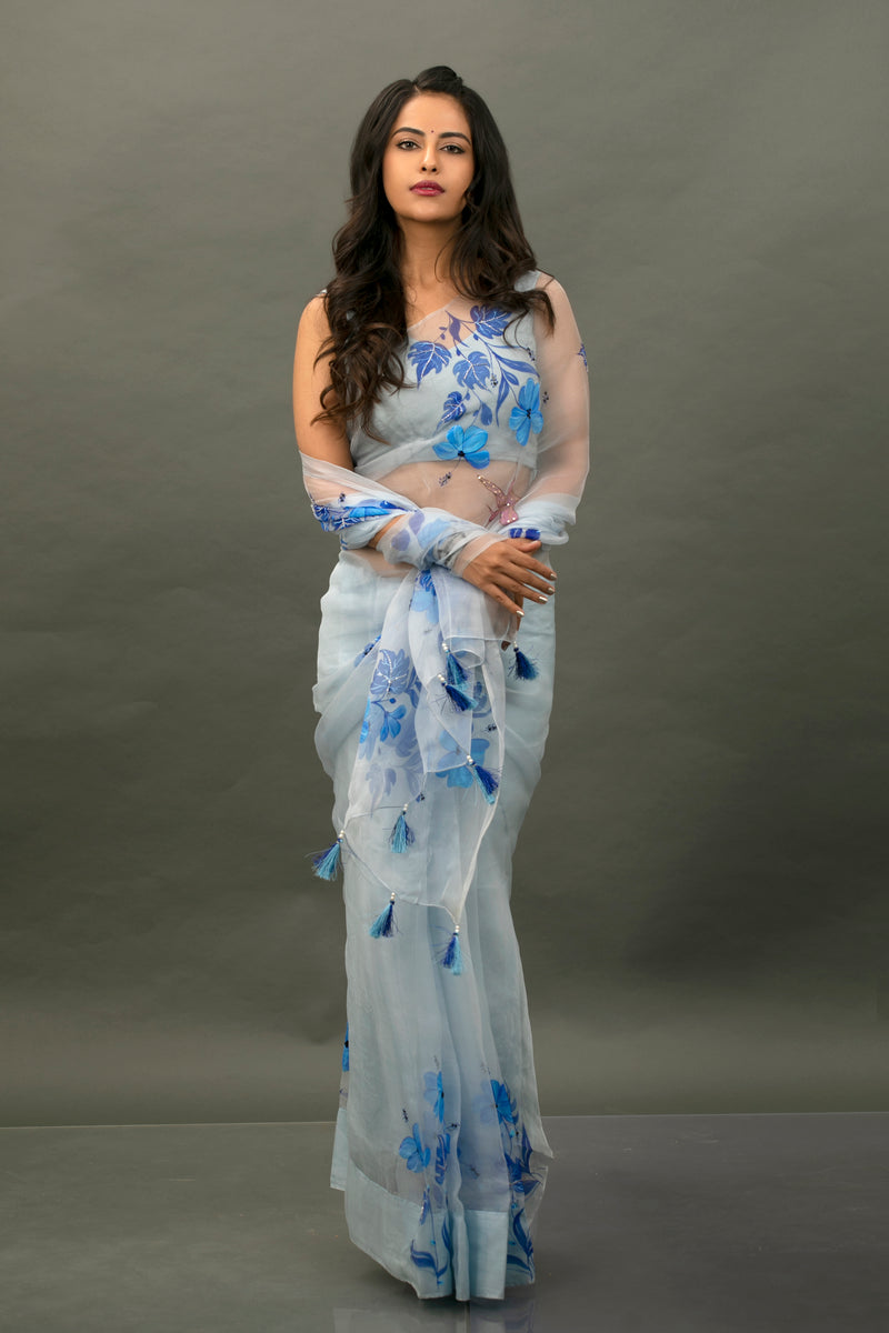 Avika Gor in Powder Blue Hand Painted Saree