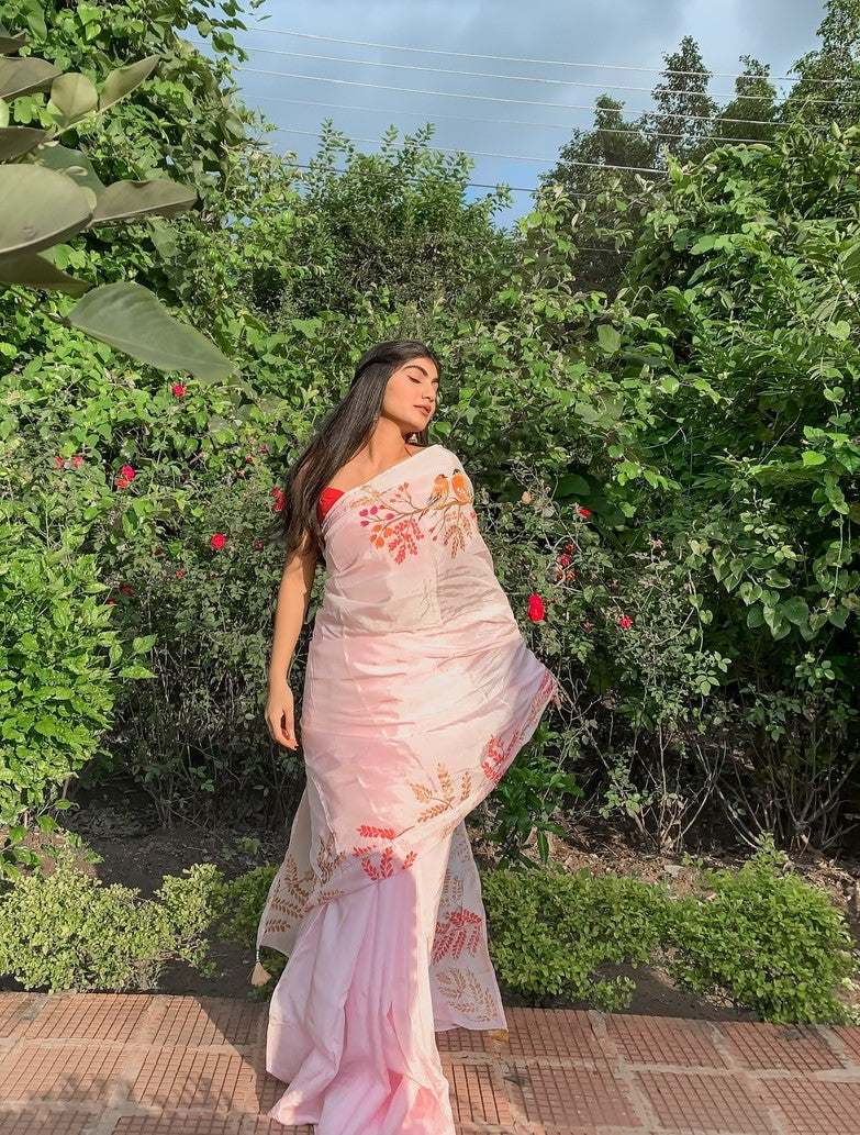 Pink Handpainted Silk Saree