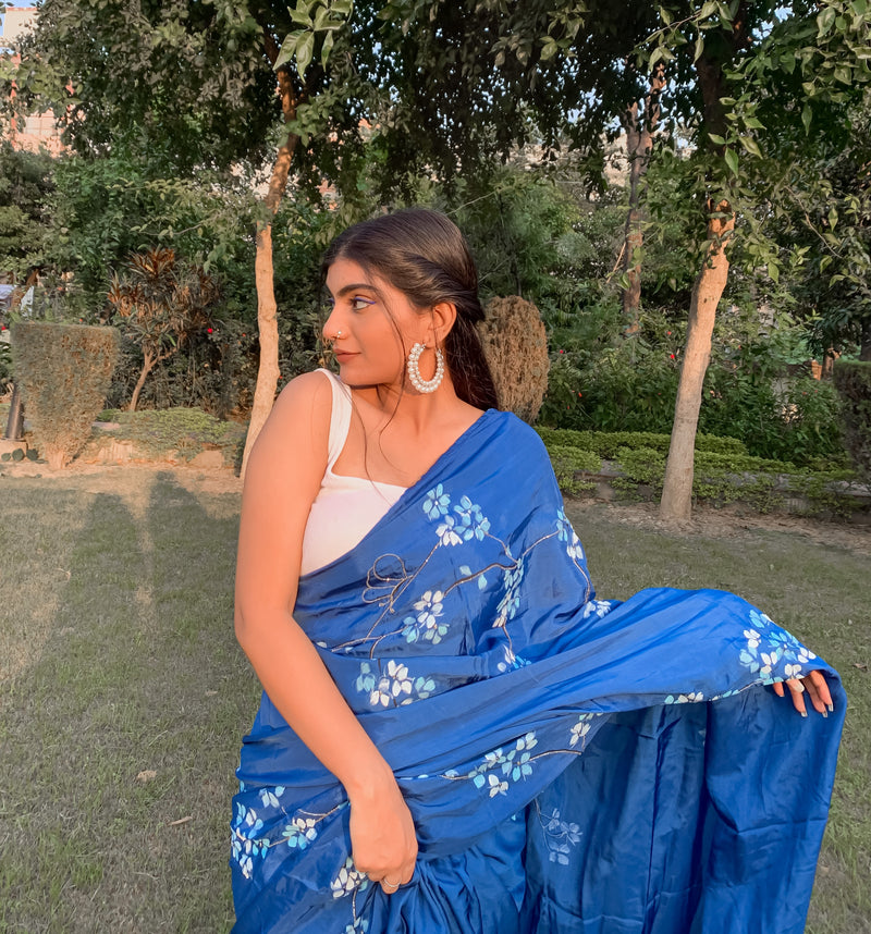 Navy Blue Handpainted Silk Saree