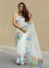 Ivory Hand painted Organza Saree