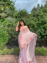 Pink Handpainted Silk Saree