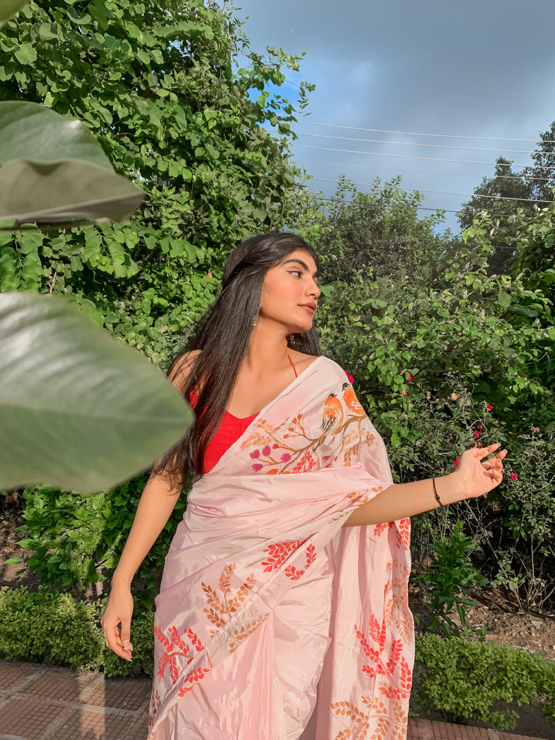 Pink Handpainted Silk Saree