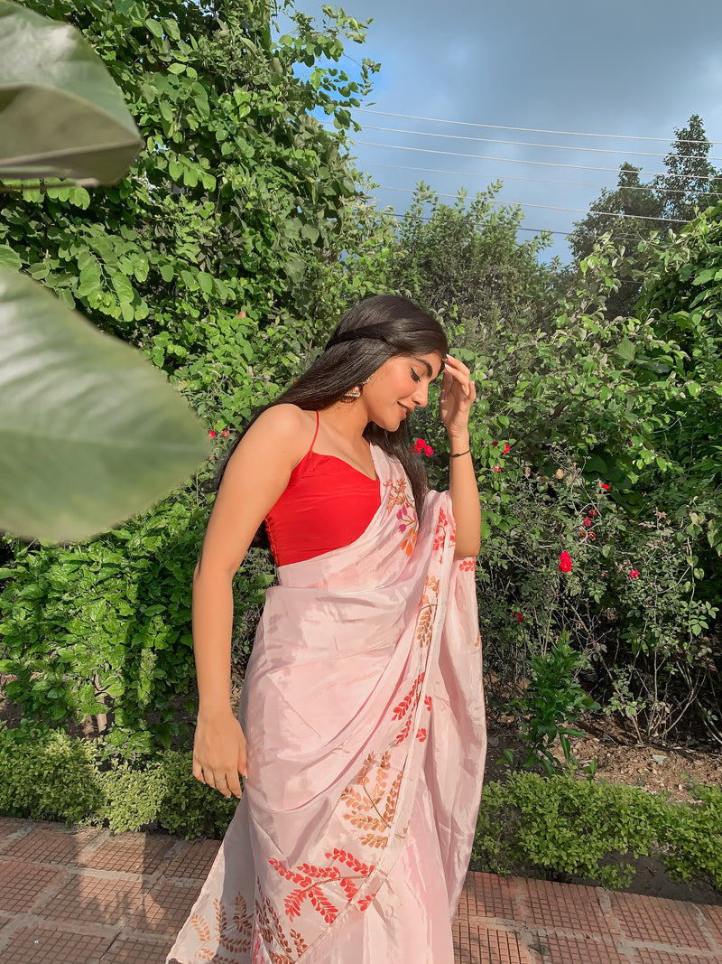 Pink Handpainted Silk Saree