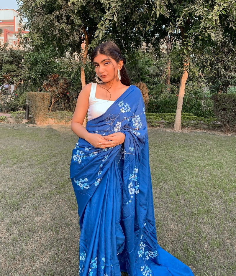 Navy Blue Handpainted Silk Saree