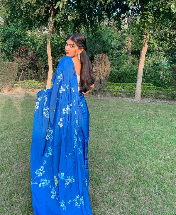 Navy Blue Handpainted Silk Saree