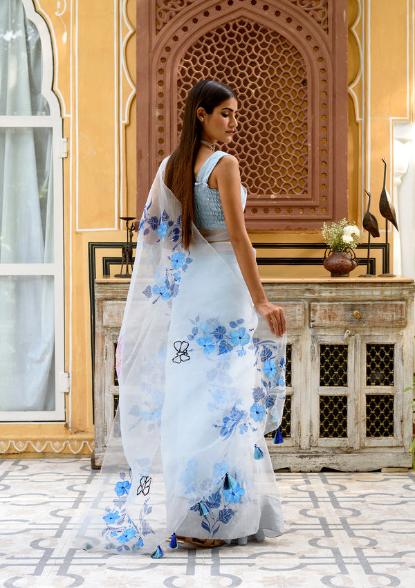 Powder blue pure organza saree