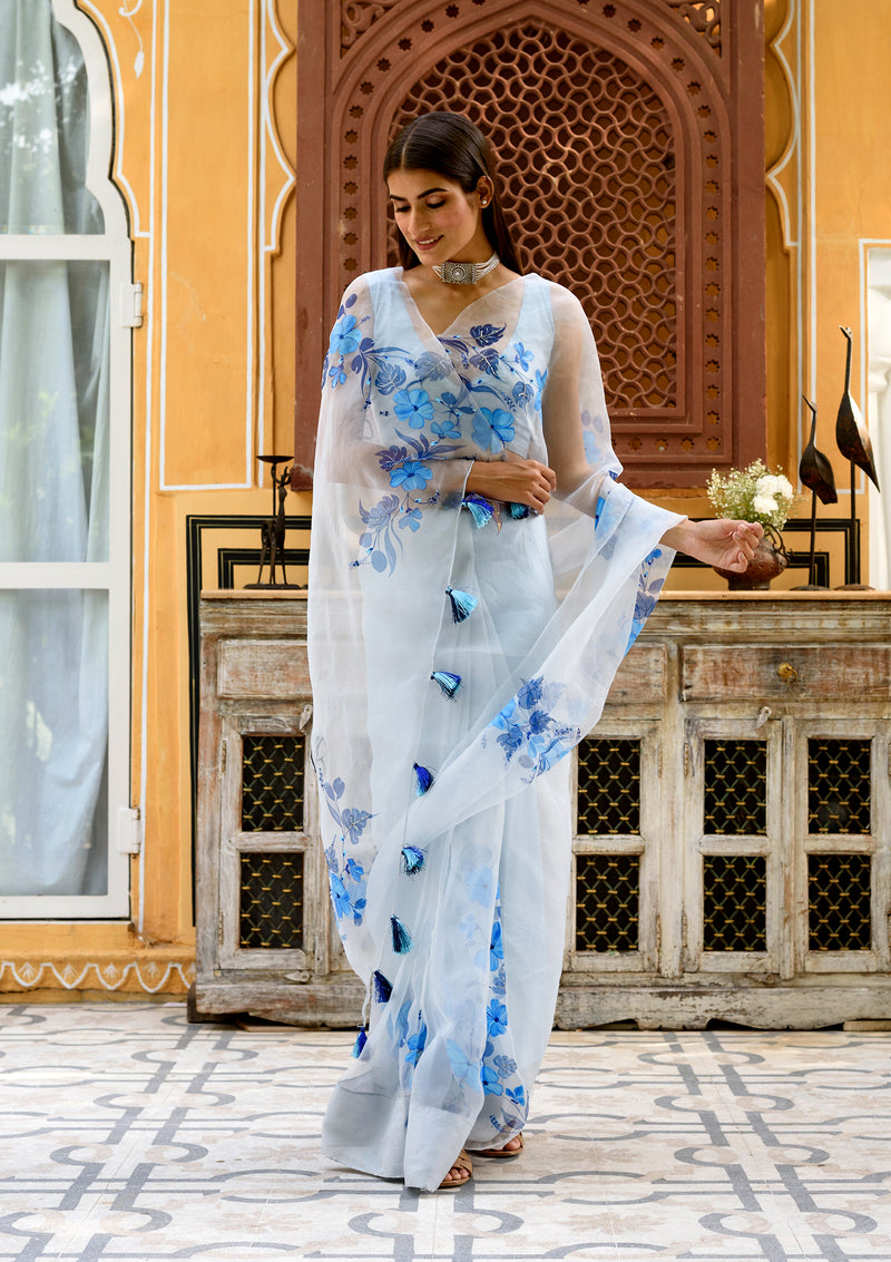 Powder blue pure organza saree