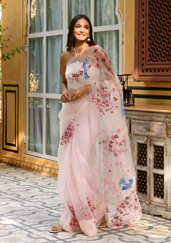 Blush Pink Pure Organza Saree