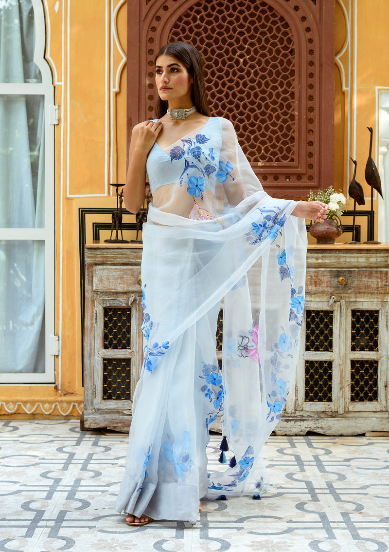 Powder blue pure organza saree