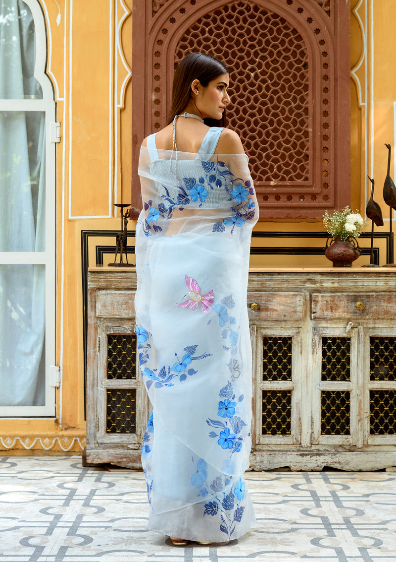 Powder blue pure organza saree