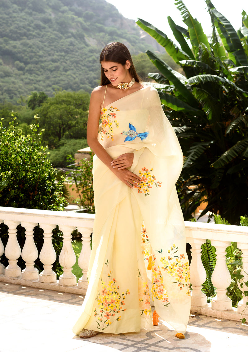 Lemon Yellow Hand painted saree