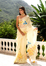 Lemon Yellow Hand painted saree