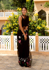 Black flamingo hand painted organza saree