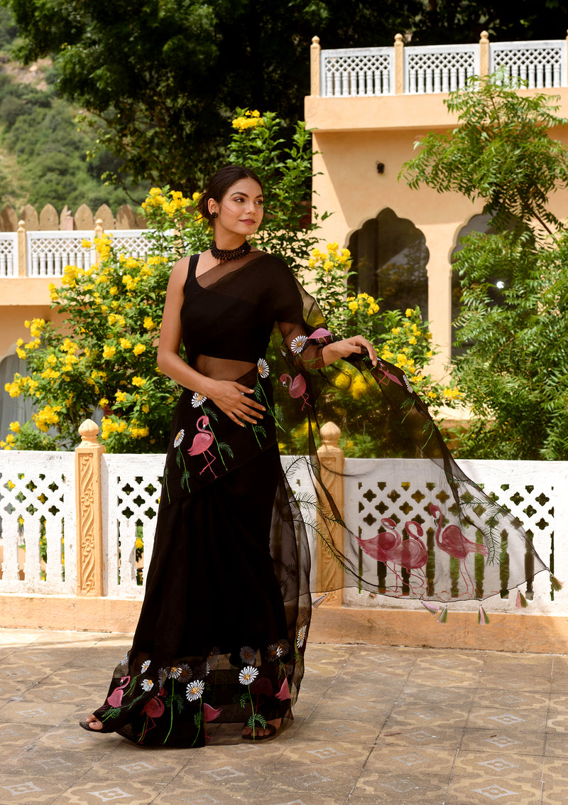 Black flamingo hand painted organza saree