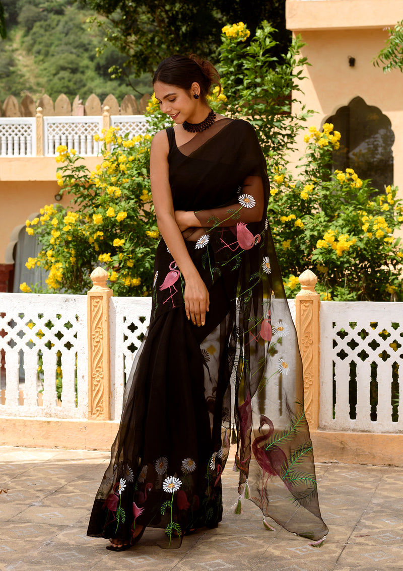 Black flamingo hand painted organza saree