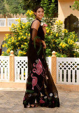 Black flamingo hand painted organza saree