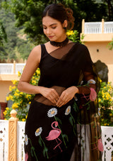 Black flamingo hand painted organza saree