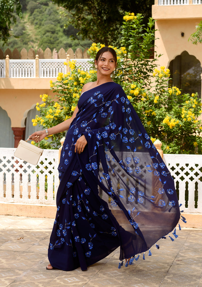 Midnight Blue Hand Painted Saree