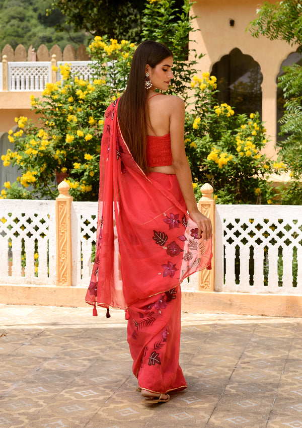 Crimson Red Organza Saree