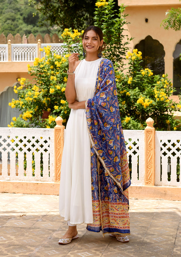 White Anarkali with blue dupatta