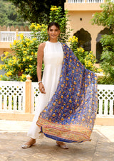 White Anarkali with blue dupatta