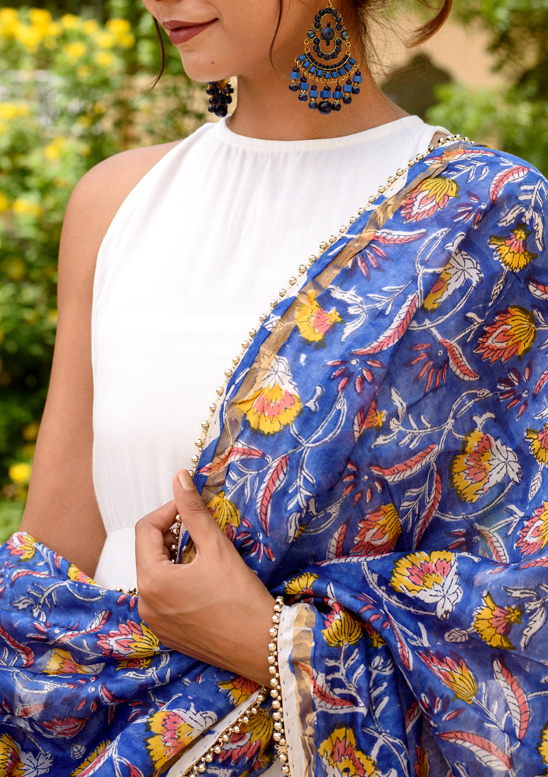 White Anarkali with blue dupatta