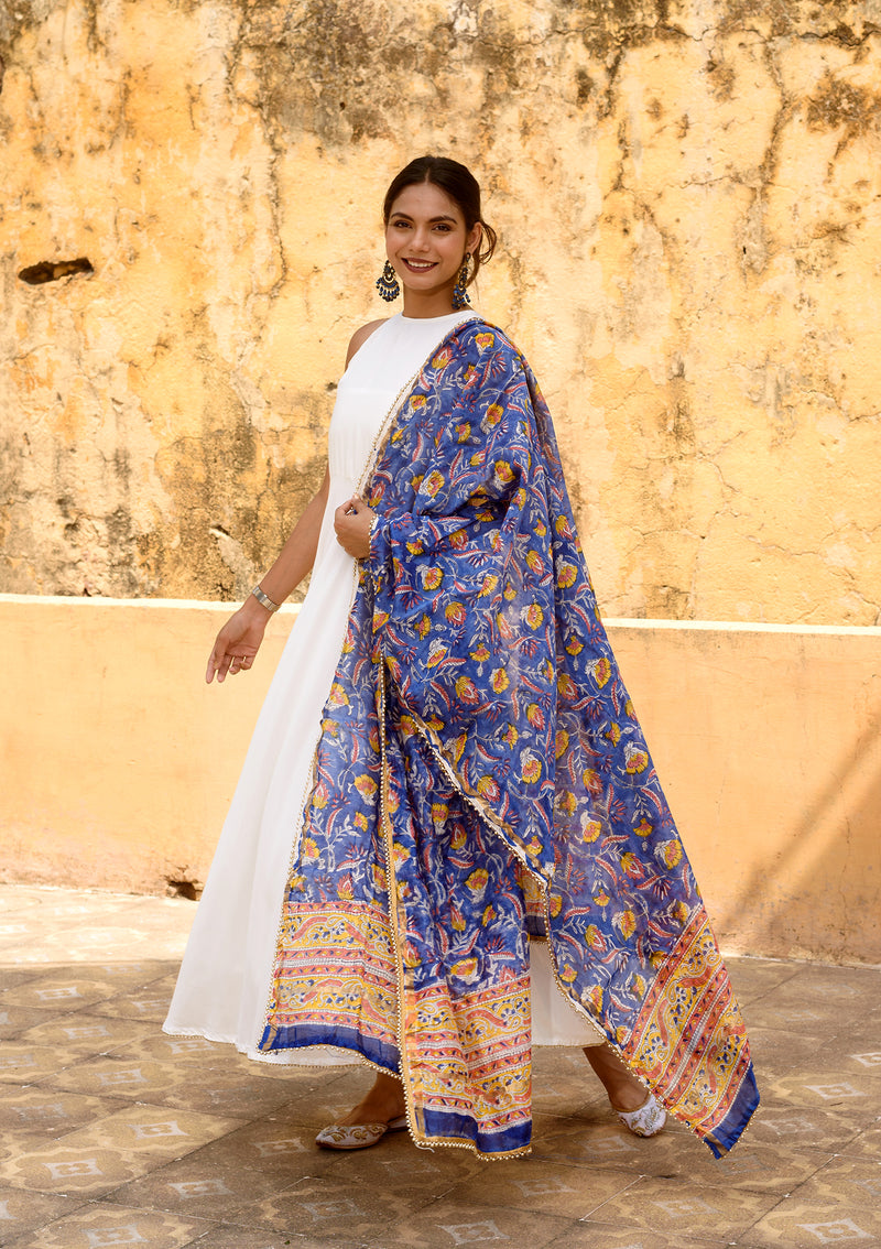 White Anarkali with blue dupatta