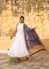 White Anarkali with blue dupatta