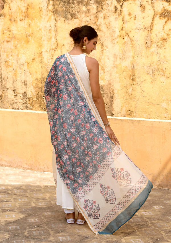 White Anarkali with Chanderi dupatta