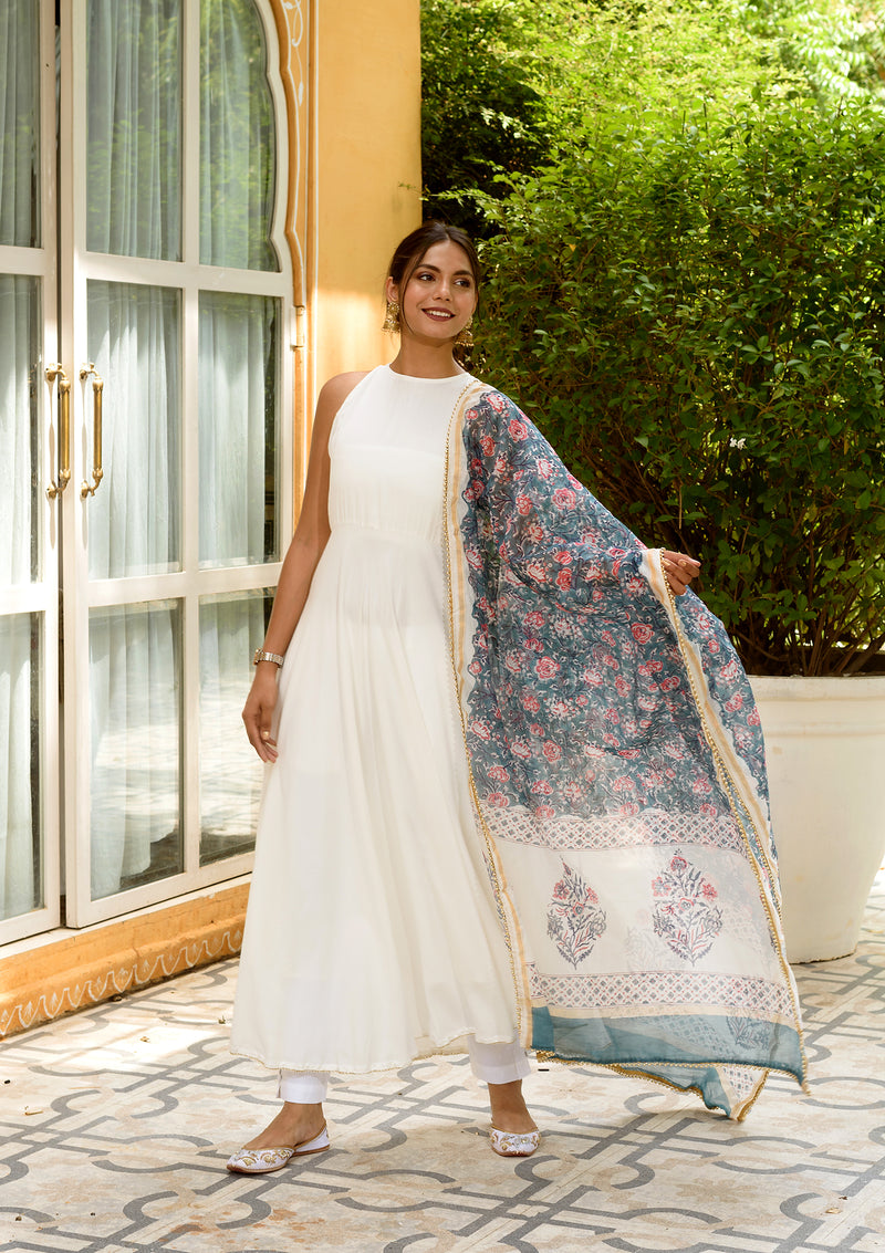 White Anarkali with Chanderi dupatta