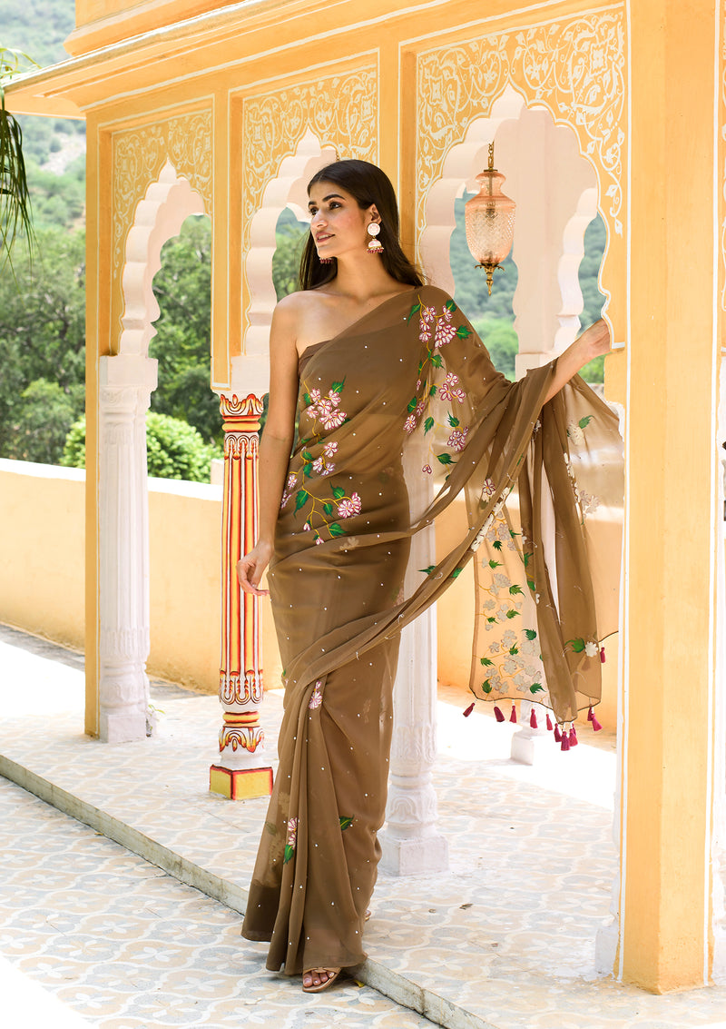 Brown Georgette Saree