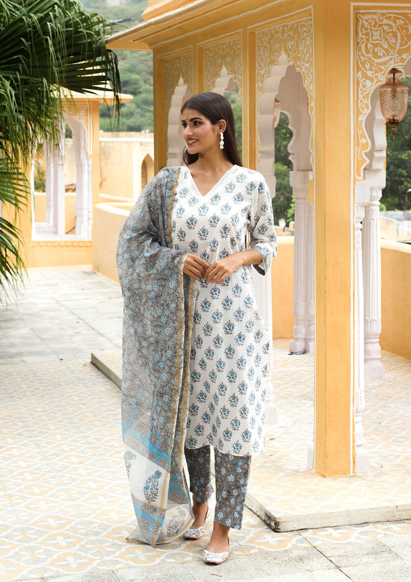 Mystical Blue & Grey Cotton Suit Set