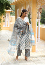 Mystical Blue & Grey Cotton Suit Set