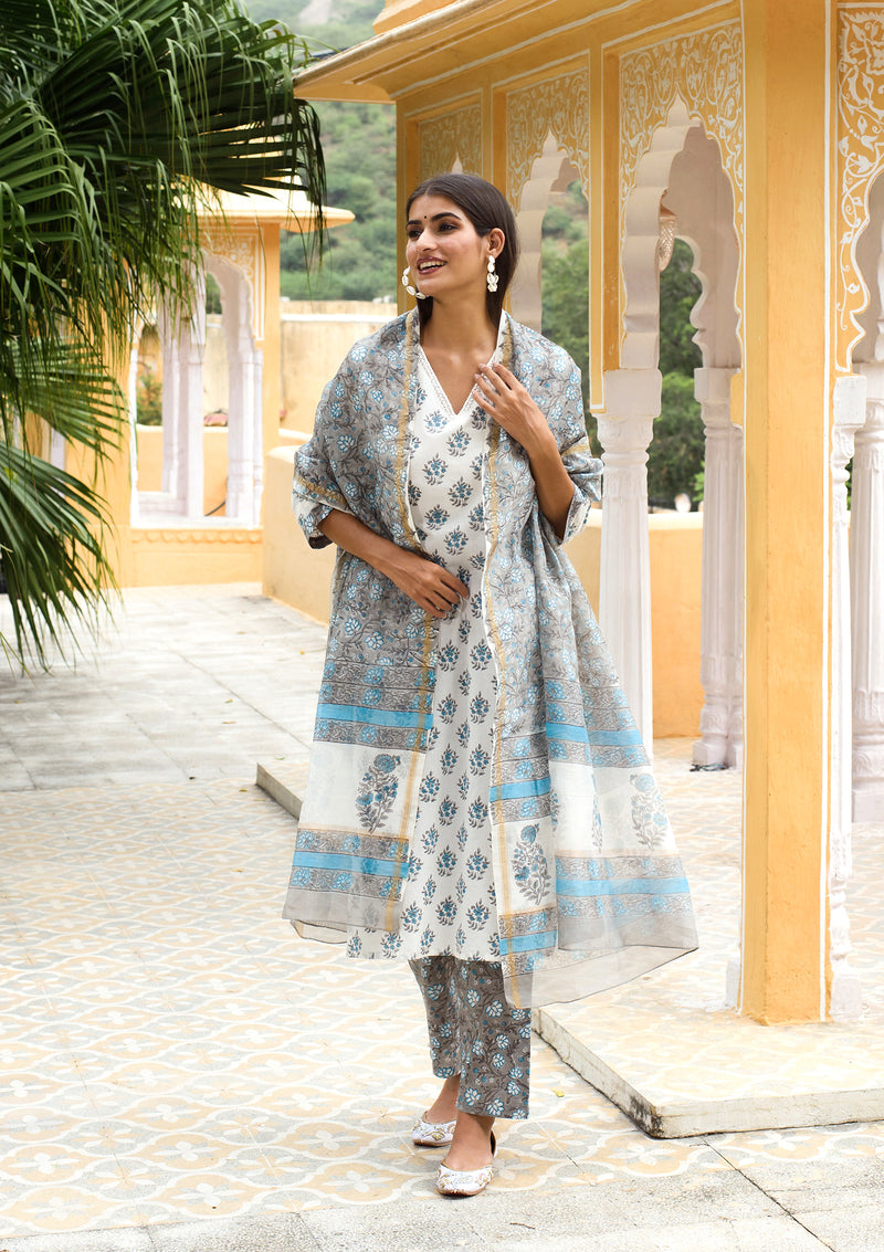 Mystical Blue & Grey Cotton Suit Set