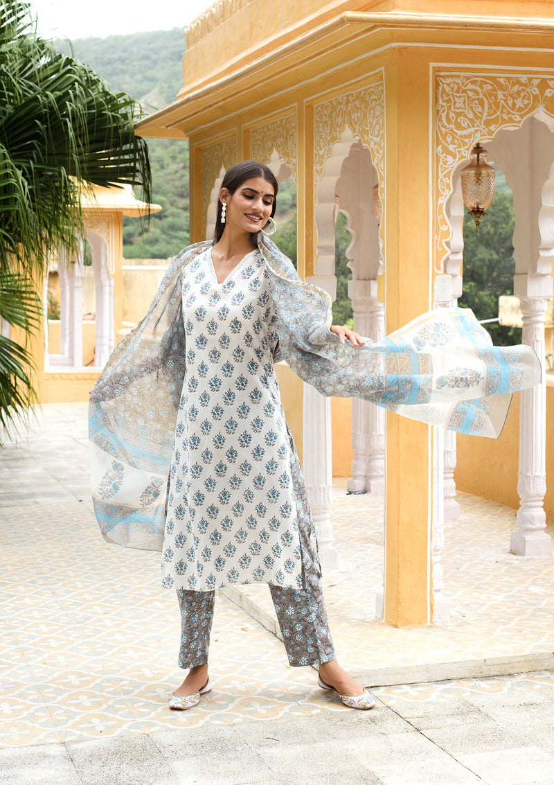 Mystical Blue & Grey Cotton Suit Set