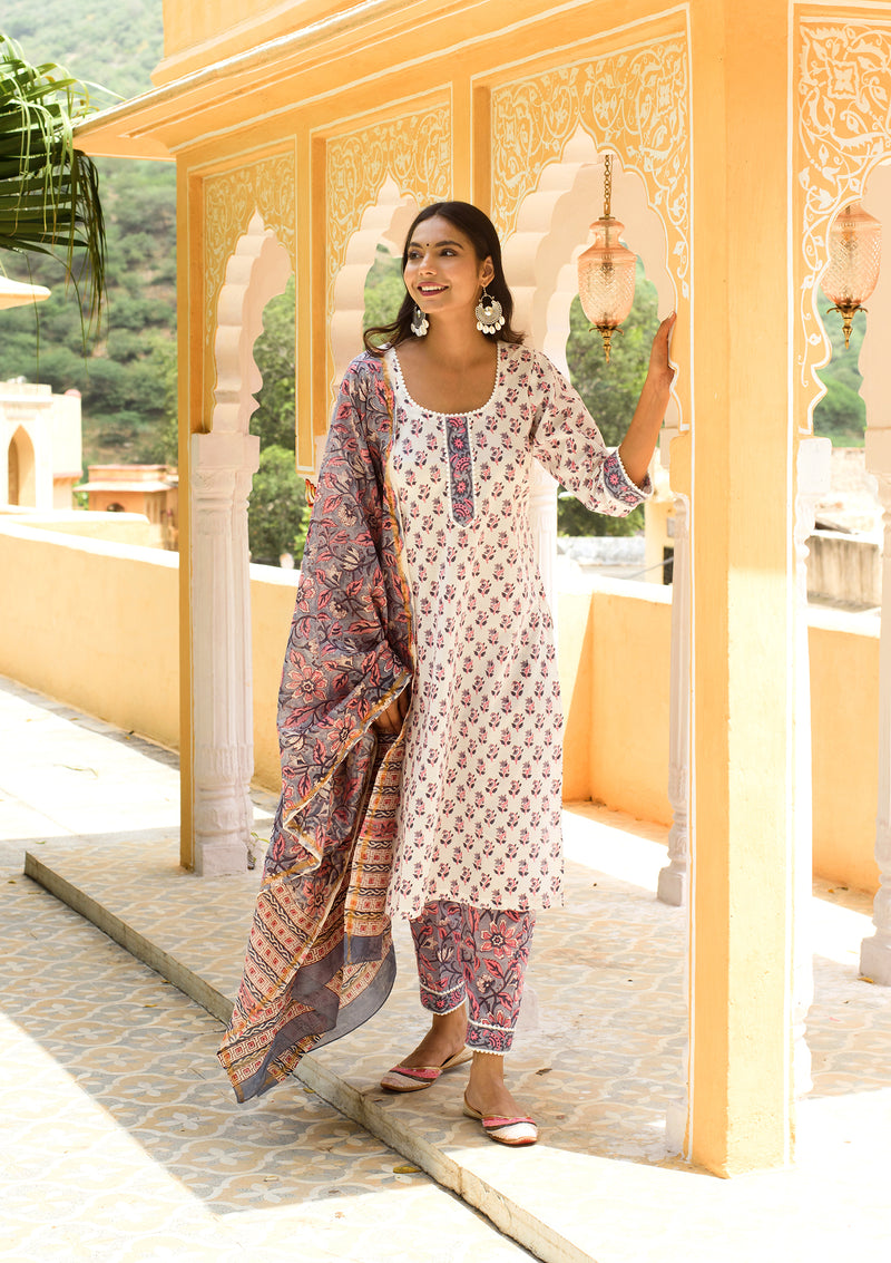 Pink white block print suit set