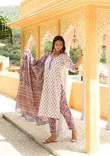 Pink white block print suit set