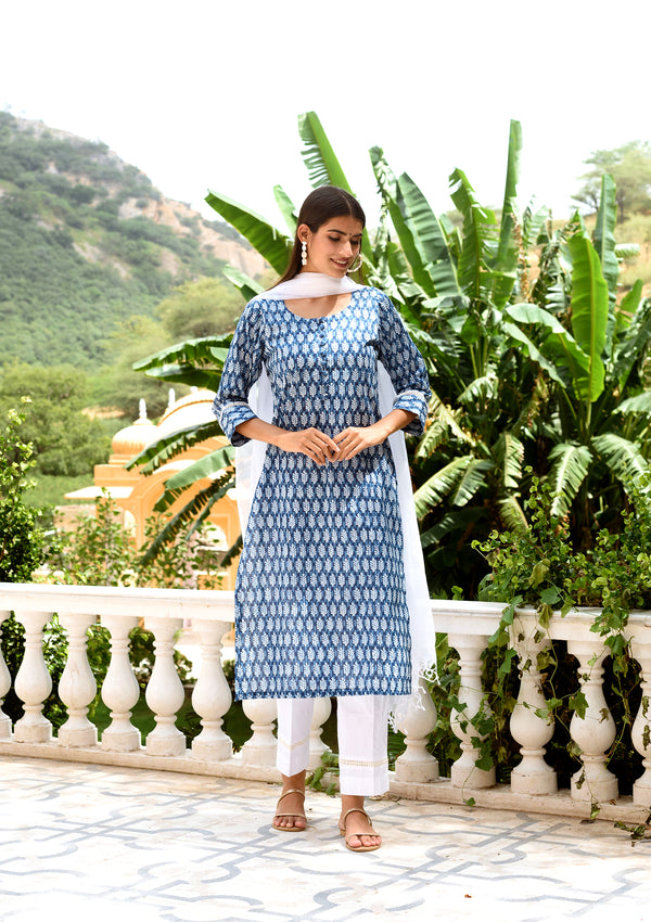 Indigo printed straight suit set