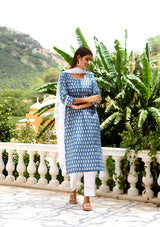 Indigo printed straight suit set