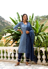 Indigo block printed straight suit set