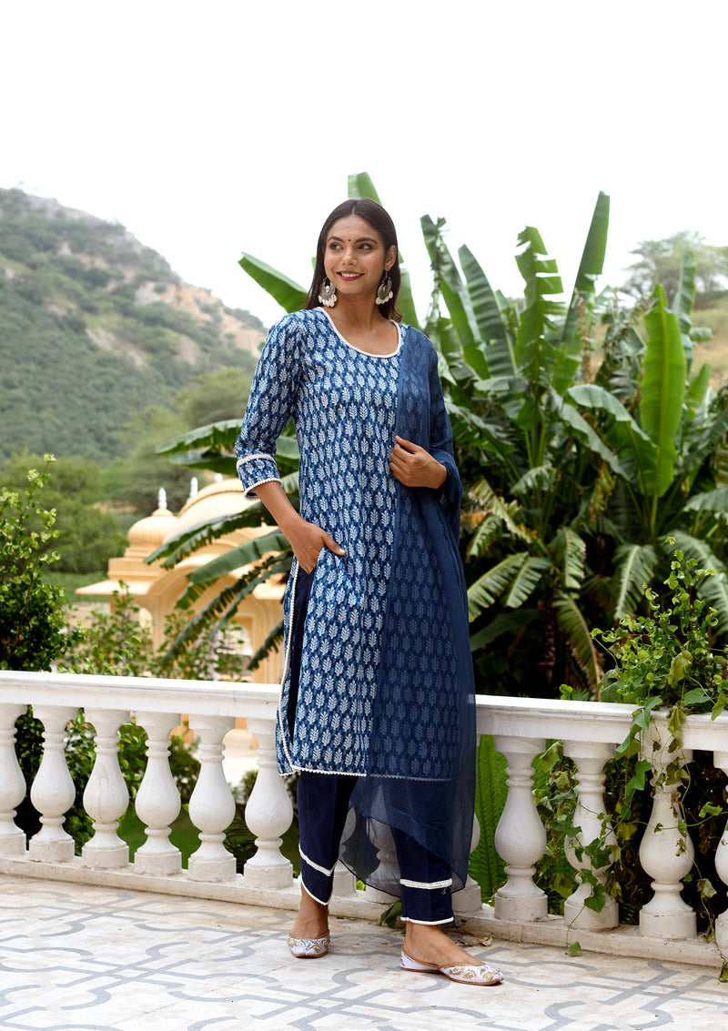 Indigo block printed straight suit set