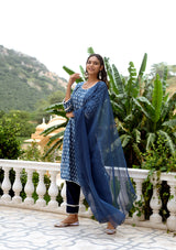 Indigo block printed straight suit set