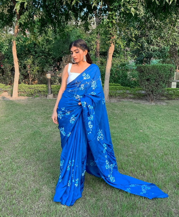 Navy Blue Handpainted Silk Saree