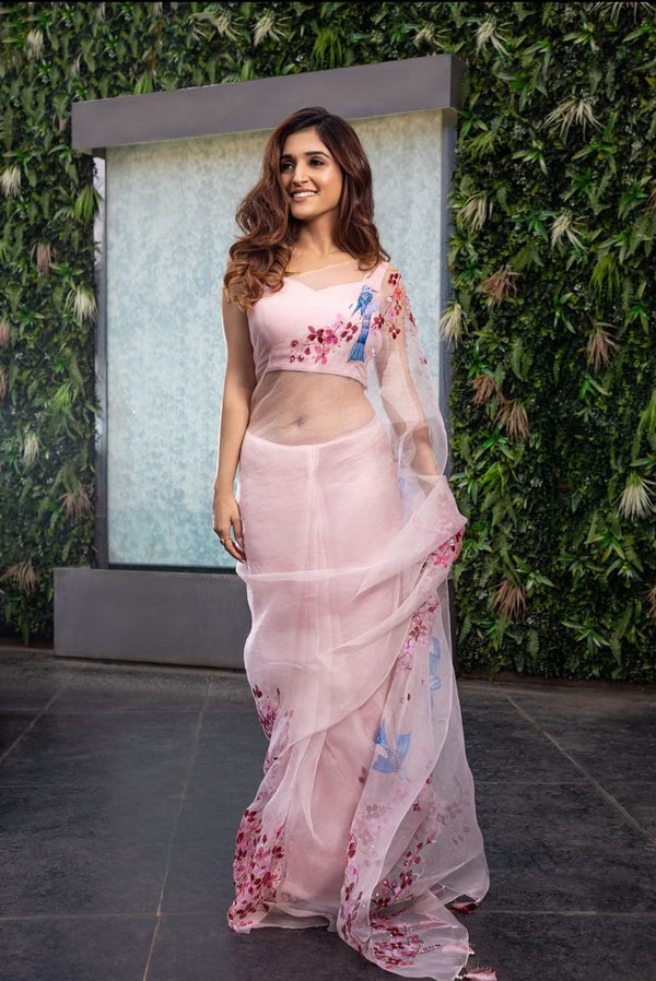 Nidhi Shah in Blush Pink Hand Painted Saree