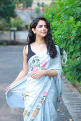 Grey Handpainted Silk Saree