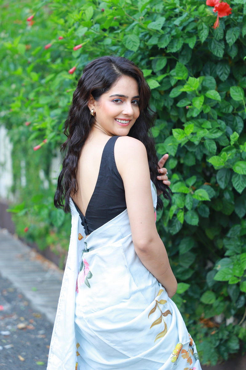 Grey Handpainted Silk Saree